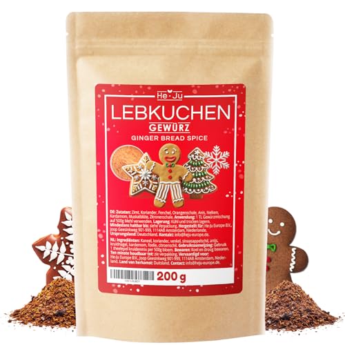 He-Ju Lebkuchengewürz zum Backen 200g, erstklassige Lebkuchen Gewürzmischung, Glutenfrei, Vegan, ohne Zuckerzusatz - Lebkuchengewürz Kaufen für aromatische Backwaren und mehr von He-Ju