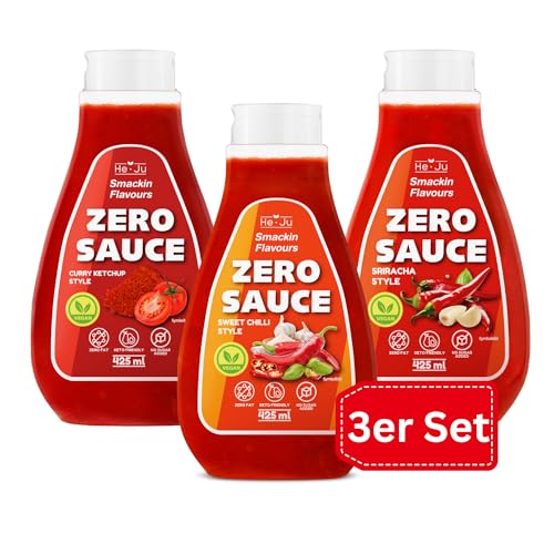 Zero Sauce 3er Set x 425ml Light Sauce, ohne Fett und ohne Zuckerzusatz, vegan, glutenfrei, Keto Diät geeignet (425 ml (3er Pack), Sriracha/Curry Ketchup/Sweet Chili Style) von He-Ju