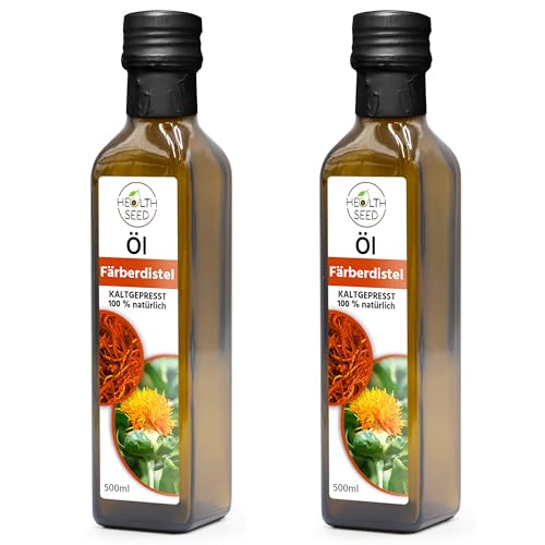 Health Seed® 2x500 / 1000 ml - Ungefiltert Distelöl - 100% Rein Kaltgepresst Glasflasche - Frisch vom Hersteller von Health Seed