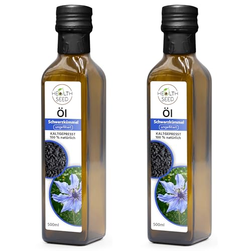 Health Seed® 2x500 / 1000 ml Ungefiltert Schwarzkümmelöl - Kaltgepresst Glasflasche - Frisch vom Hersteller von Health Seed