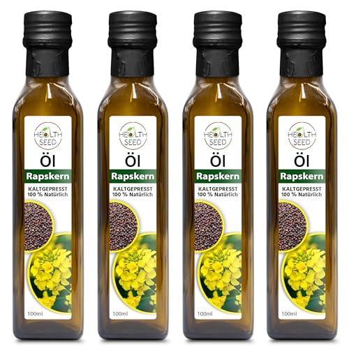 Health Seed® 4x100 / 400 ml - Ungefiltert Rapskernöl - 100% Rein Kaltgepresst Glasflasche - Frisch vom Hersteller von Health Seed