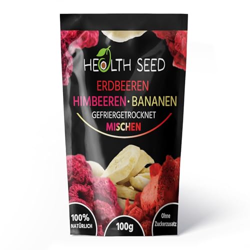 Health Seed - Gefriergetrocknete Erdbeeren Himbeeren Bananen Mischung | 100% natürlich Erdbeere Himbeere Banane | GVO-frei Glutenfrei - 100 g von Health Seed