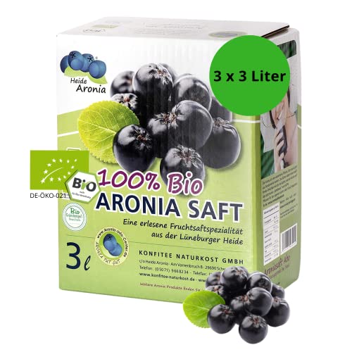 Heide Aronia Bio-Aronia-Muttersaft I 3x 3 Liter Bag-in-Box I ohne Zusatzstoffe & Aromen I Fruchtgehalt von 100% I Aronia Direktsaft I Aroniabeeren aus deutscher Ernte von Heide Aronia