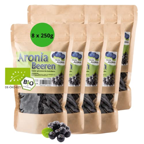 Heide Aronia Bio Aroniabeeren getrocknet 8x 250g I Trockenobst Bio I Getrocknete Früchte I Kontrolliert biologischer Anbau I ohne Zusatzstoffe & Aromen I Aroniabeeren aus deutscher Ernte von Heide Aronia