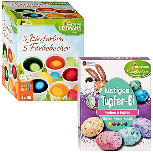 Eierfarben HEITMANN 5 Eierfarben + 5 Färbebecher - 5 flüssige Kaltfarben - für EIN buntes Osternest - grün, gelb, blau, rot, orange (Eierfarben + Tupfer-Ei) von Heitmann Eierfarben