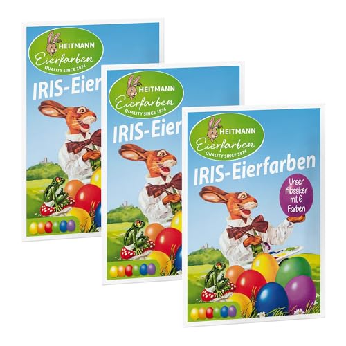 Heitmann Deco IRIS Eierfarben, 3er Pack: Ostereierfarben zur Heißfärbung, in 6 Farben (Rot, Orange, Grün, Blau, Violett, Gelb), kinderfreundlich, Tabletten von Heitmann Eierfarben