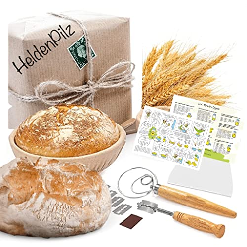 BIO Sauerteig Roggen/Dinkel/Weizen FRISCH Vollkornmehl Anstellgut! Set zum Brotbacken - Natursauerteig – knuspriges Brot selber machen inkl. Rezept Anleitung (Gärkorb) von HeldenPilz