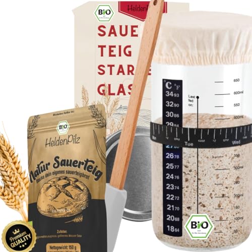 HeldenPilz® Bio- Dinkel Sauerteig Starter Set – 600ml Gärglas, Spatel & Thermometer | inkl. Anleitung & Rezepten | Brotbacken leicht gemacht | 100% natürliche Zutaten, nachhaltig von HeldenPilz