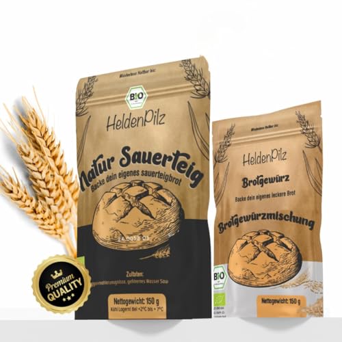 HeldenPilz® | FRISCHER BIO SAUERTEIG | Set zum Brotbacken + Geschenk | knuspriges Brot selber machen inkl. Anleitung und Rezepten | 100% natürliche Zutaten von HeldenPilz