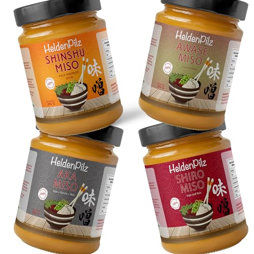 HeldenPilz® | Miso Probierpaket - 4 Sorten unpasteurisierte Misopaste | AKA SHIRO SHINSHU AWASE | 100% natürliche Zutaten | Bio Nachhaltig Plastikfrei (Miso Probierpaket) von HeldenPilz