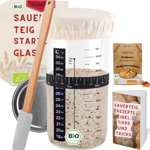 HeldenPilz® Sauerteig Starter Set – 600ml Gärglas, Spatel & Thermometer | Bio-Roggen Sauerteig inkl. Anleitung & Rezepten | Brotbacken leicht gemacht | 100% natürliche Zutaten, nachhaltig von HeldenPilz