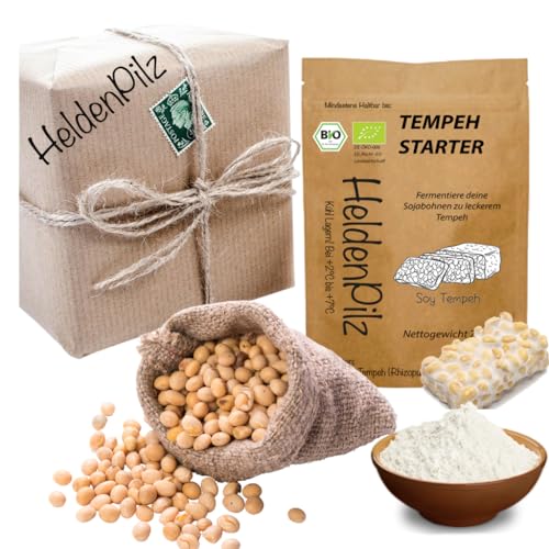 Tempeh Starter Set inkl. 1KG geschälter Sojabohnen (Kultur Rhizopus Oligosporus) - insgesamt bis zu 75 KG Tempeh selber herstellen! von HeldenPilz