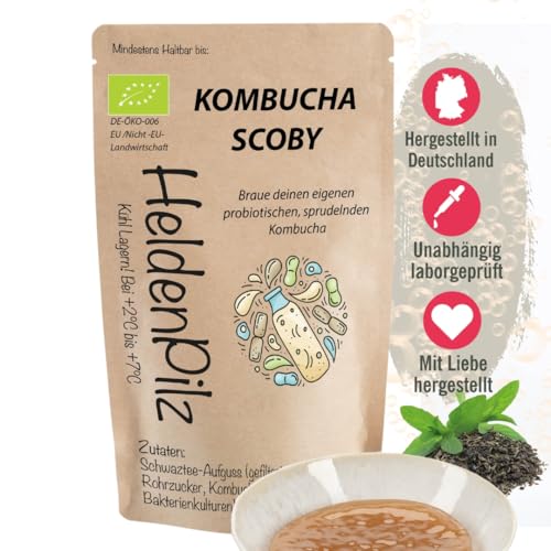 HeldenPilz® | Organic Kombucha Scoby | WACHSTUMSSTARKER TEEPILZ | Skoby + Ansatzflüssigkeit + Geschenk | Herstellung bis 6 Liter | 100% natürliche Zutaten | Bio nachhaltig und plastikfrei verpackt von HeldenPilz