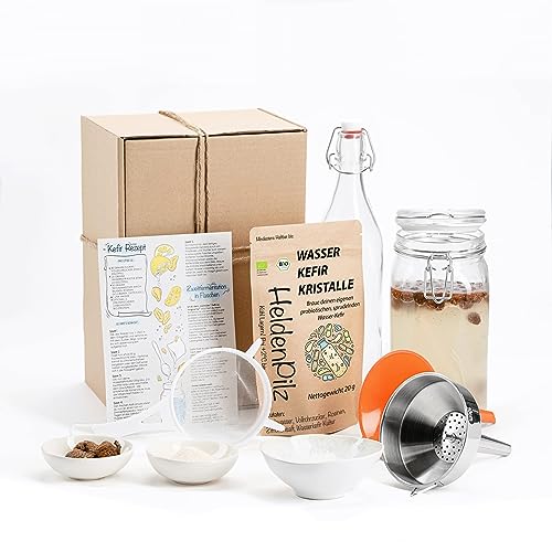 Wasserkefir Starterset- DIY Kefir Kit - Original Kefirpilz im Rundumsorglospaket mit aktiven Japankristallen - WACHSTUMSSTARKE Kefirkultur zum perfekten Start von HeldenPilz