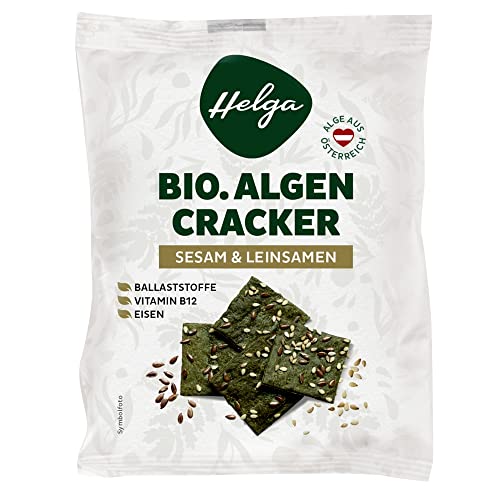 HELGA BIO Algencracker Sesam & Leinsamen – 12 x 45g | Knuspriger Superfood Snack vegan ballaststoffreich mit Chlorella Vitamin B12 hochwertig nachhaltig pflanzlich aus Österreich von Helga