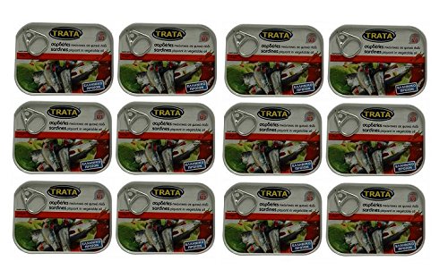 12x 100g Sardinen in pikanter Soße eingelegt Trata Griechenland Fisch in Öl Konserve 12 Stück + 2x Probiersachet Olivenöl 10ml von Hellenikos