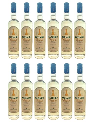 12x 500ml Retsina Vasiliki 11,5% Mesimvria traditioneller geharzter Weißwein trocken aus Griechenland im Set + 20ml Olivenöl von Hellenikos