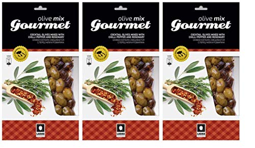 3x 250g (750g) Gourmet Cocktail-Oliven Mix mit Chili und Rosmarin Kalamon Kalamata grüne Chalkidiki Oliven 3er Spar Set eingelegt mariniert Anit-Pasti + 10ml Olivenöl kaltgepresst zum testen von Hellenikos