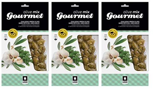 3x 250g (750g) Gourmet Oliven grüne, mit Dill und Knoblauch marinierte Chalkidiki Oliven 3er Spar Set eingelegt mariniert Anit-Pasti + 10ml Olivenöl kaltgepresst zum testen von Hellenikos