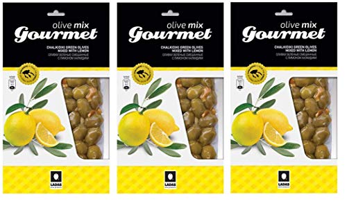 3x 250g (750g) Gourmet grüne Oliven mit Zitrone marinierte Chalkidiki Oliven 3er Spar Set eingelegt Anit-Pasti + 10ml Olivenöl kaltgepresst zum testen von Hellenikos