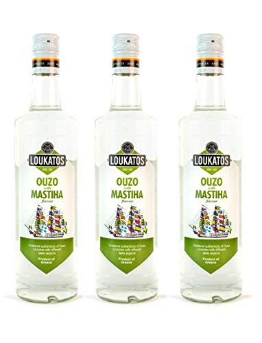 3x 700 ml Loukatos Ouzo mit Mastixgeschmack griechischer Ouzo Mastiha Mastix Aperitif 3er Spar Set + Olivenöl oder Kaffee Sachet zum Test von Hellenikos