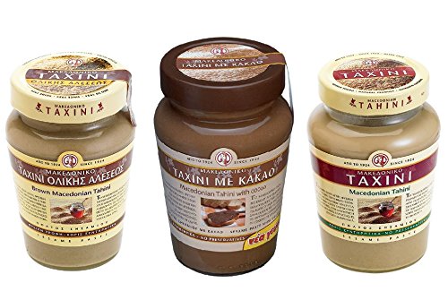 3x Tahini Vollkorn Kakao aus Makedonien (950 g) Sesampaste Sesammus Sesam Paste Mus Creme braun 3 verschiedene Taxini Spar Set + Probiersachet Olivenöl aus Kreta von Hellenikos