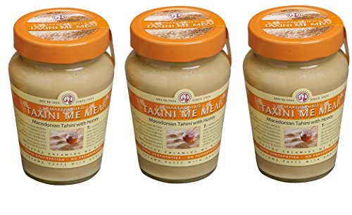 3x Tahini mit Honig aus Makedonien a 350g (1050g) Sesampaste Sesammus Sesam Paste Mus Creme Spar Set + Probiersachet Olivenöl aus Kreta 10 ml von Hellenikos