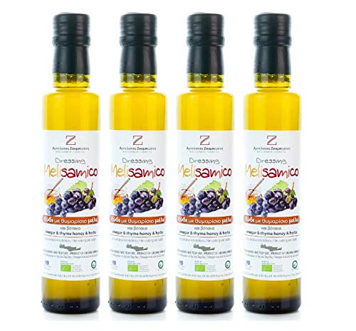 4x 250ml Weinessig mit kretischem Thymianhonig 4 Flaschen Wein Essig versetzt mit Thymian Honig 1 Liter gesamt + 10ml Olivenölsachet zum testen - Kreta Petimezi roter Essig Melisamico von Hellenikos