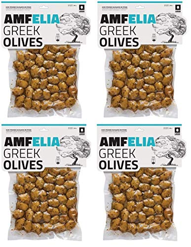 4x 350g (1,4kg) Amfelia grüne Chalkidiki Oliven eingelegt mariniert mit Oregano vakuumiert 4er Set griechische Oliven Anit-Pasti + 10ml Olivenöl von Kreta von Hellenikos