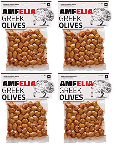 4x 350g (1,4kg) Amfelia grüne scharfe pikante Chalkidiki Oliven vakuumiert 4er Spar Set eingelegt mit Chili Anit-Pasti + 10ml Olivenöl kaltgepresst zum testen von Hellenikos