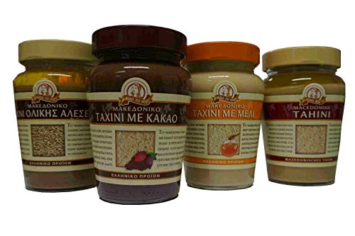 4x Tahini Normal Vollkorn Kakao Honig aus Makedonien (950 g) Sesampaste Sesammus Sesam Paste Mus Creme braun 4 verschiedene Taxini Spar Set + 2 Probiersachets a 10ml Olivenöl aus Kreta von Hellenikos