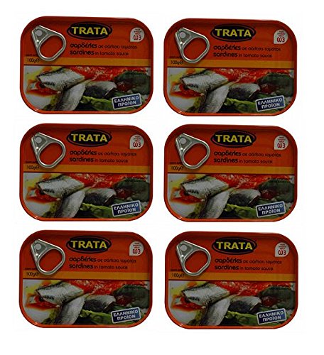 6x 100g Sardinen in Tomatensoße eingelegt Trata Griechenland Fisch in Tomaten Soße Sauce Konserve 6 Stück + Probiersachet Olivenöl 10ml von Hellenikos