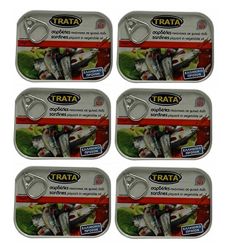 6x 100g Sardinen in pikanter Soße eingelegt Trata Griechenland Fisch in Öl Konserve 6 Stück + Probiersachet Olivenöl 10ml von Hellenikos