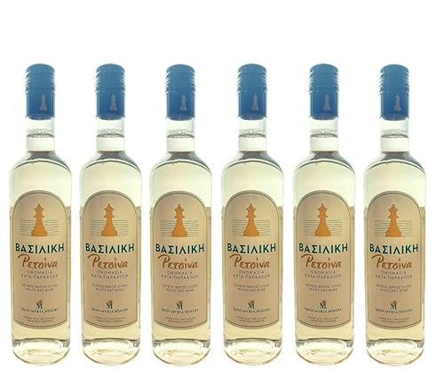 6x 500ml Retsina Vasiliki 11,5% Mesimvria traditioneller geharzter Weißwein trocken aus Griechenland im Set + 10ml Olivenöl von Hellenikos