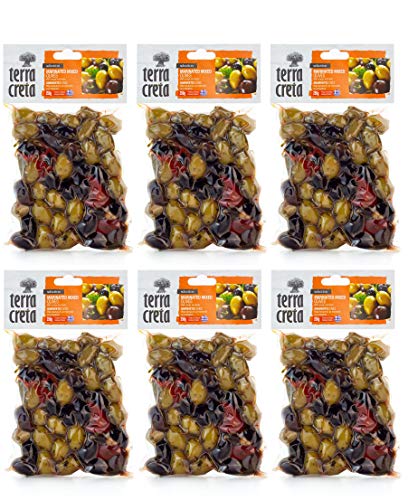 6x griechische marinierte Cocktail Oliven vakuumiert a 250g gesamt 1500 g Abtropfgewicht terra creta mixed olives olive aus Griechenland + Probiersachet 10 ml Olivenöl aus Kreta von Hellenikos