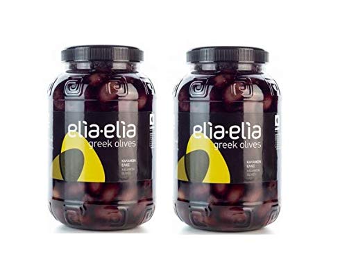 Spar-Set 2 x 1 KG griechische Kalamata Oliven entkernt - Chalkidiki schwarze Oliven Extra Large im PET-Fass je 1000 g aus Griechenland + 10 ml Probiersachet Olivenöl aus Kreta von Hellenikos