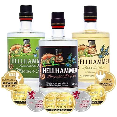 Hellhammer Gin Magnum Paket, 3 Flaschen Gin à 0,5 Liter 3 Gold prämierte Gins, für ein Gin Tasting, Gin Geschenkset, für die Bar. 3 x 0,5 Liter Gin von Hellhammer