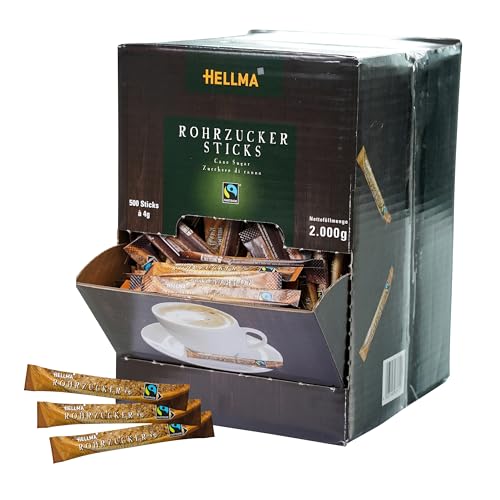 Hellma Fairtrade brauner Rohrzucker-Sticks 500 Stk. je 4 g - 2 kg Vorrats-Box - Zuckertütchen einzeln, für Kaffee, Tee von Hellma
