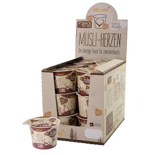 HELLMA Müsli-Herzen Schoko - 18 Portionen, je 30 g - Haferflocken in Herzform mit Schokolade, to-go-Becher von Hellma