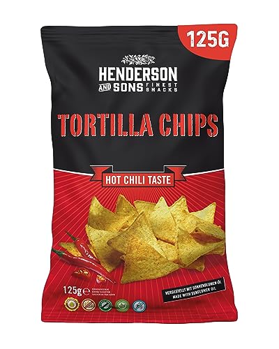 HENDERSON AND SONS Tortilla Chips Hot Chili - 1 x 125 Gramm Beutel - Mais Tortillas mit Chiligeschmack - Perfekter Snack für Sportabende wie American Football oder Fußball von HENDERSON AND SONS