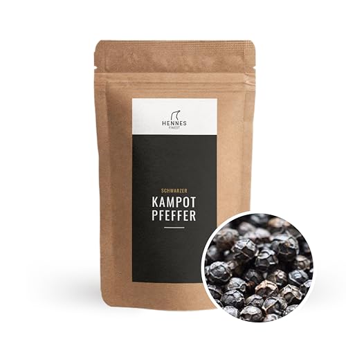 Hennes Finest Kampot Pfeffer Schwarz - 100g Pfeffer Kampot Schwarz, Kampot Pepper Black (grober Pfeffer), Schwarzer Pfeffer ganz, Pfefferkörner schwarz, Pfeffer für Mühle, Schwarze Pfefferkörner von Hennes Finest