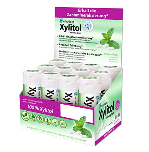 miradent Xylitol Zahnpflegekaugummi Spearmint Display 12 St. | erfrischender Geschmack | zuckerfrei | vegan | kariespräventiv | für unterwegs von miradent