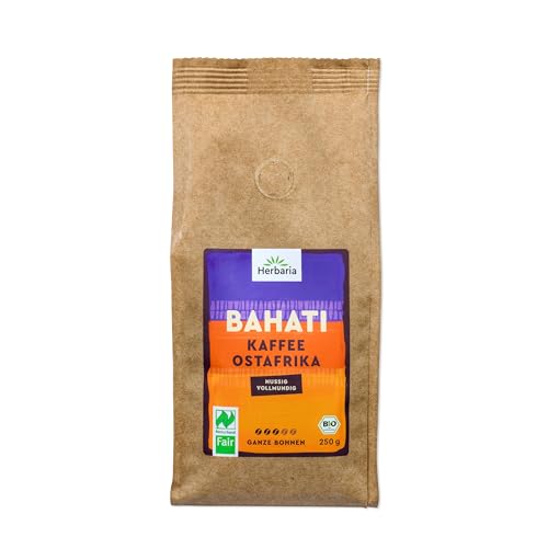 Herbaria BAHATI Bio Kaffee ganze Bohnen 250g – Naturland Fair zertifiziert aus Ostafrika – feinste Kaffee-Aromen nach gerösteten Nüssen & Schokolade – Bio Kaffeebohnen perfekt für Kaffeevollautomaten von Herbaria