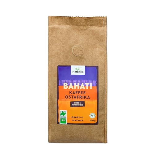 Herbaria BAHATI Bio Kaffee gemahlen 250g – Naturland Fair zertifiziert aus Ostafrika – feinste Kaffee-Aromen nach gerösteten Nüssen & Schokolade – ideal für Filterkaffee und French Press von Herbaria