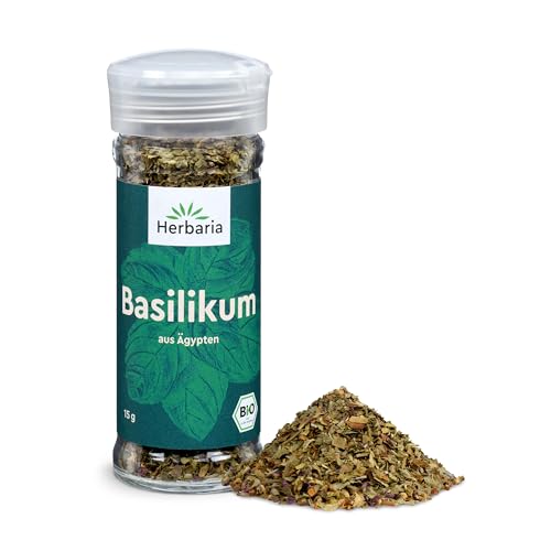 Herbaria Basilikum bio 15g Streuer – Bio Basilikumblätter getrocknet – Bio-Kräuter - Bio-Gewürz – italienische Kräuter - Premium Bio-Qualität - im praktischen Glas-Gewürzstreuer von Herbaria