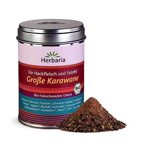 Herbaria Große Karawane bio 90g M-Dose – fertiges Bio-Gewürzsalz für orientalische Hackfleischgerichte und vegane Varianten wie Falafel oder Bratlinge – in nachhaltiger Aromaschutz-Dose von Herbaria