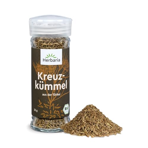 Herbaria Kreuzkümmel bio 35g Streuer – Bio Kreuzkümmel ganze Samen – Bio Cumin - Bio-Gewürz für indische und orientalische Gerichte – Premium Bio-Qualität - im praktischen Glas-Gewürzstreuer von Herbaria