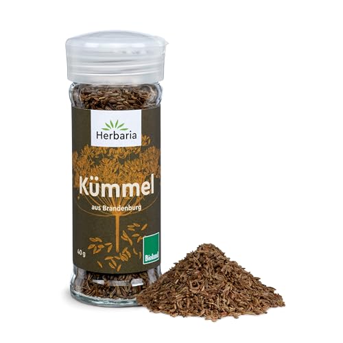 Herbaria Kümmel bio 40g Streuer – Bio Kümmel ganze Samen in Bioland-Qualität – Bio-Gewürz für Kraut, Eintöpfe und als Brotgewürz – Premium Bio-Qualität - im praktischen Glas-Gewürzstreuer von Herbaria