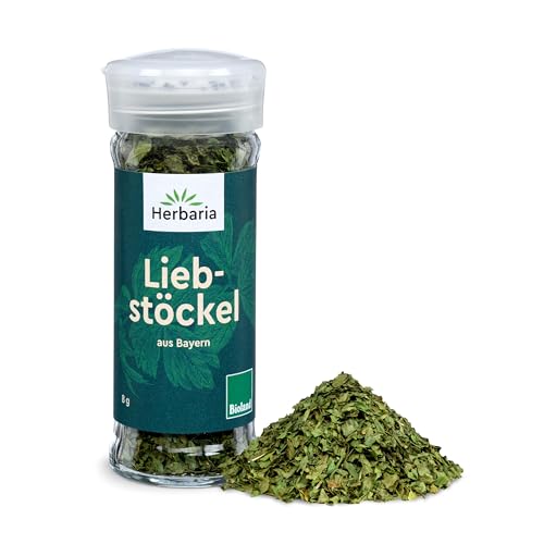 Herbaria Liebstöckel bio 8g Streuer – Bio Liebstöckel in Bioland-Qualität – Bio-Maggikraut - Bio-Kräuter - Bio-Gewürz – für Suppen und Soßen - Premium Bio-Qualität - im praktischen Glas-Gewürzstreuer von Herbaria