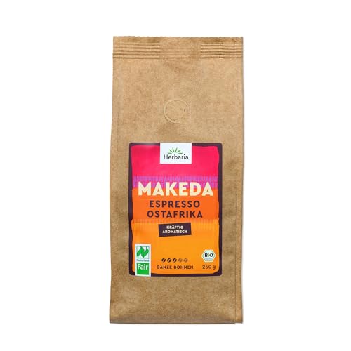 Herbaria MAKEDA Bio Espresso ganze Bohnen 250g – Naturland Fair zertifiziert aus Ostafrika – Röstaromen mit Kakao- & Eichenholz-Noten – Bio Kaffeebohnen perfekt für Siebträger und Kaffeevollautomaten von Herbaria